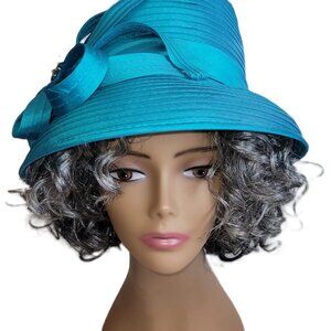 Giovannio New York Womens Turquoise Bucket Brim Brooch Ribbon Church Wedding Hat
